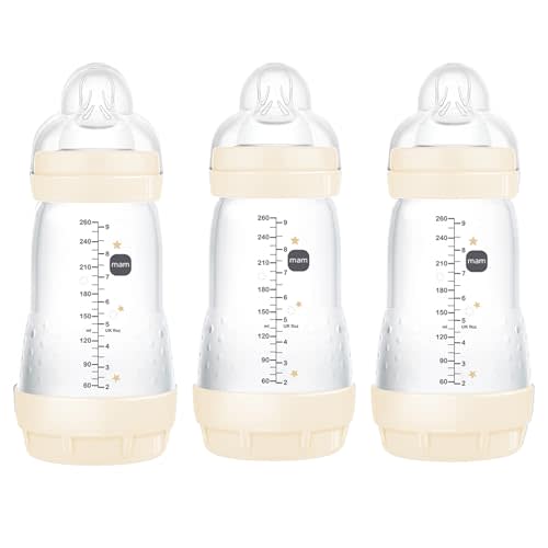MAM 9oz Easy Start Anti-Colic Baby Bottles, Medium Flow, Breastfeeding-Like Silicone Nipple, Reduces Colic, Gas, & Reflux, Easy-to-Clean, BPA-Free, Baby Bottles for Newborns, 2+ Months