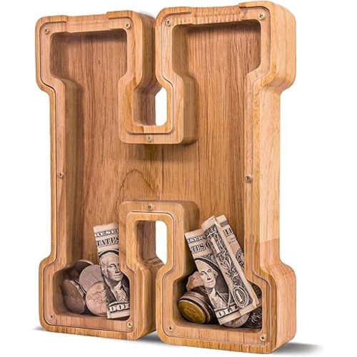 Wooden Letter Piggy Bank for Kids Larger Letter Piggy Bank for Boys and Girls Personalized Piggy Bank Initial Coin Bank Wood Kids Money Bank for Birthday and Festival
