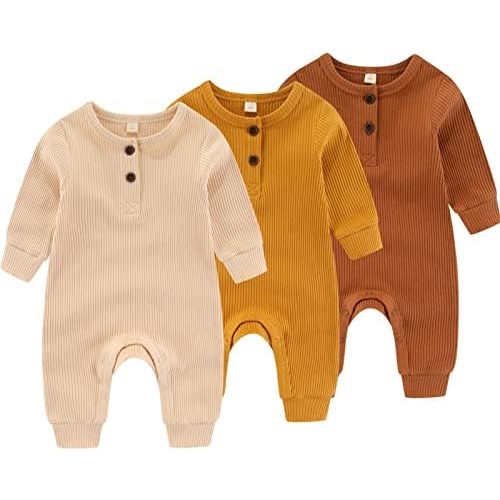 Newborn Baby Boys Girls One Piece Romper With Mitten Cuffs 3 Pack Long Sleeve Ribbed Button Jumpsuit Outfit Clothes