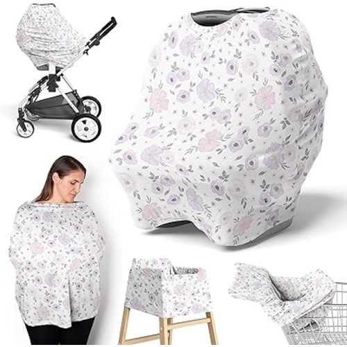 Sweet Jojo Designs Purple Watercolor Floral Girl Infant Baby Car Seat Cover Nursing Breastfeeding Shopping Cart Stroller Canopy Lavender Pink and Grey Boho Bohemian Shabby Chic Rose Flower Farmhouse