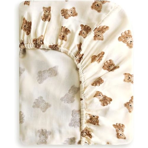 LifeTree Crib Sheets for Baby, Muslin Fitted Crib Sheets Boys Girls - Toddler Bed Sheet Fits Standard Crib, 70% Viscose from Bamboo and 30% Cotton, Bear Pattern, 28in x 52in