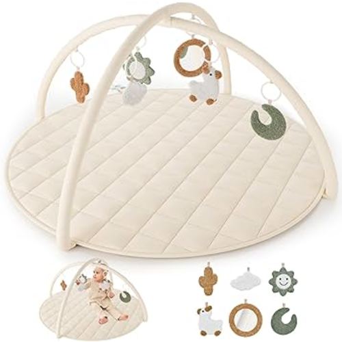 Beautiful Baby Play Gym and Tummy Time Mat - Soft Cotton Mat with 6 Cute Toys Creates The Perfect Activity Area for Your Girl/Boy - Stylish Infant Floor Playmat Fits Nicely with Any Playroom Decor
