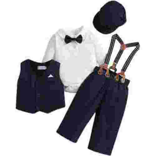 FYMNSI Baby Boy Suit Gentleman Outfit Clothes Set Infant Tuxedo Long Sleeve Dress Shirt+Vest+Suspender Pants+Bowtie+Beret Hat 0-6 Months Navy Blue