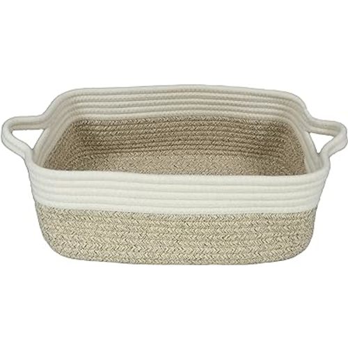 Woven Cotton Rope Storage Basket with Handles for Organizing Shelves Closet Small Cat Dog Pet Toy Baskets Box Bin Decorative Rectangle Baby Nursery Basket Gift Basket Empty