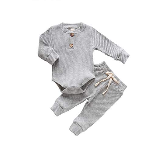 Newborn Baby Boy Girl Clothes Ribbed Knitted Cotton Long Sleeve Romper Long Pants Solid Color Fall Winter Outfits