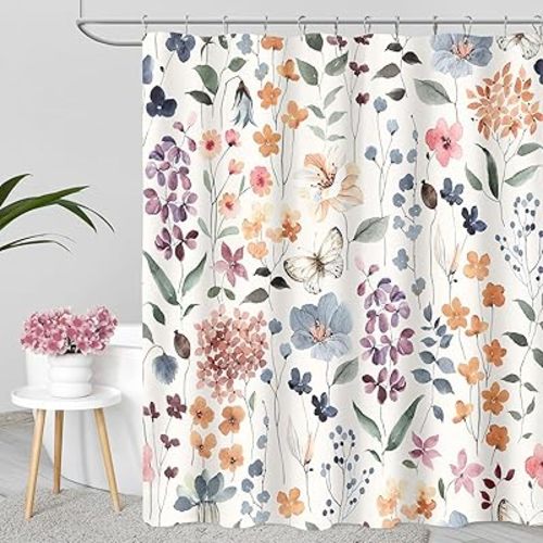 Floral Shower Curtain, Colorful Flower Fabric Shower Curtain for Bathroom, Cute Botanical Leaf Wildflower Bath Curtain Boho Vintage Rustic Trendy Cloth Shower Curtain Set, Ivory, 72x72