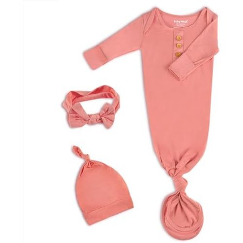 Newborn Baby Knotted Gown, Super Soft Silky Infant Sleeper, Baby Girl Sleep Gown with Mittens, Bow, and Hat Set