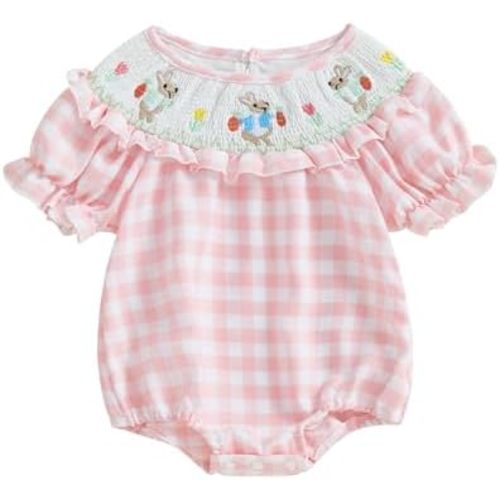 Adobabirl Baby Girl Easter Outfit Bunny Embroidery Smocked Bubble Romper Plaid Short Sleeve Bodysuit Cute Summer Clothes