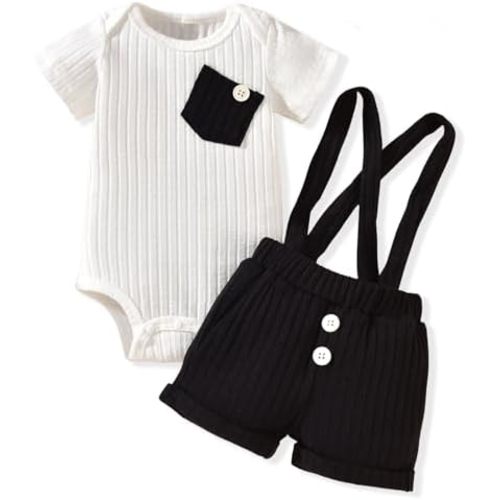 Unutiylo Baby Boy Outfits 0-12 Months Short Sleeve Romper Suspenders Pants Spring Summer clothes