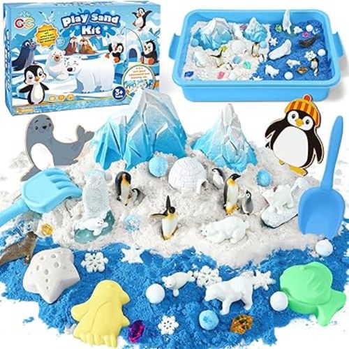 G.C Winter Polar Sensory Bin for Kid, Snow Play Sand Toy Kit with Sandbox/Sensory Sand/Arctic Animals Figures, Ice Wonderland Sensory Toy Christmas Birthday Gift for Girl Boy Toddler Ages 3 4 5 6 7 8