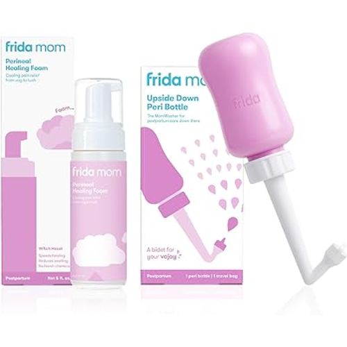 Frida Mom Upside Down Peri Bottle + Perineal Medicated Witch Hazel Healing Foam for Postpartum Care, Perineal Recovery and Cleansing After Birth