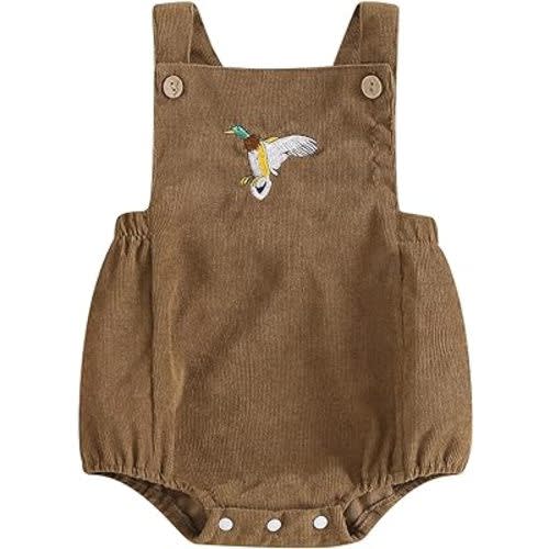Infant Baby Boy Girl Mallard Duck Corduroy Overalls Romper Embroidery Duck Sleeveless Bodysuit Hunting Baby Clothes