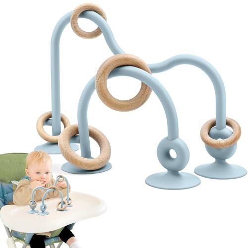 Baby Sensory Teething Chew High Chair Suction Toys for Infant Toddlers 6 12 18 24 Months, Food Grade Silicone Teether with Oak Loop Montessori Educational Parent-Child Baby Bath Toy (Blue)