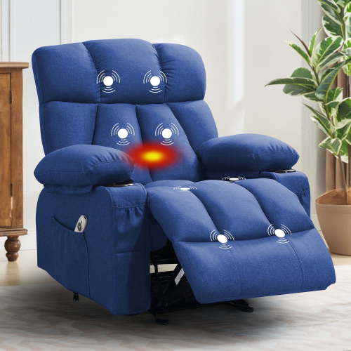 JONPONY Manual Recliner Chair with Heat Therapy and Massage Function, Heavy Duty Reclining Mechanism Massage Chair, Elderly Single Rocker Sofa with Cup Holders for Bedroom Home Theater,Blue