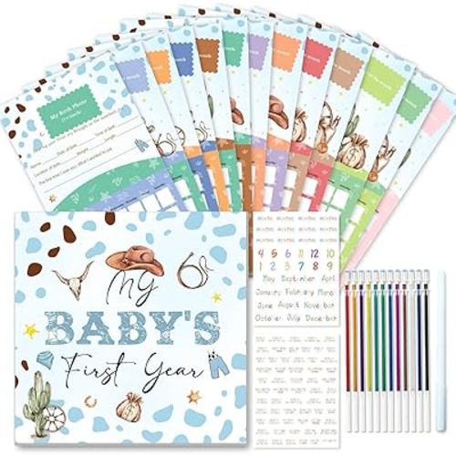 Cowboy Baby Calendar First Year with Stickers,Baby Shower Decorations,Baby's First Year Memory,Baby Milestone Tracker,Western Themed Keepsake Books,Baby's Scrapbook for New Mom and Newborn Boys