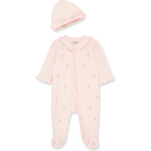 Baby Rosebud Schiffli Embroidery Cotton Footie & Hat Set, Size: 3M