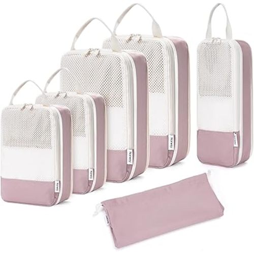 Narwey 6 Set Compression Packing Cubes Travel for Carry on Women, Packing Organizers Bag for Backpack Luggage Suitcase Duffle Bags (Dusty Rose)