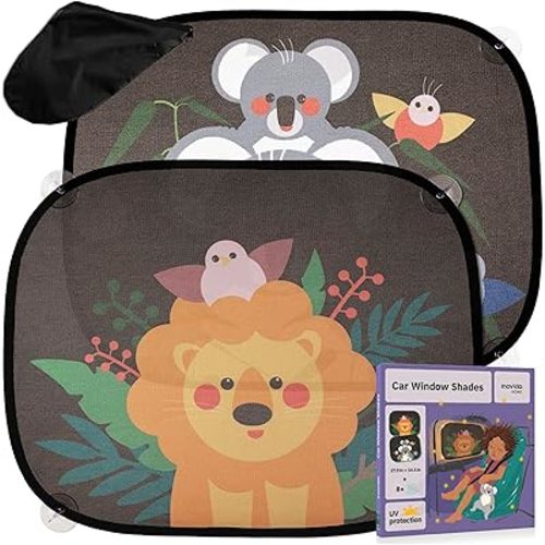 Car Sun Shades for Kids – 2-Pack Baby Window Shades with UV Protection – Cute Animal Design with Suction Cups – 17"x14" Sun Protection for Car Windows – by Inovida