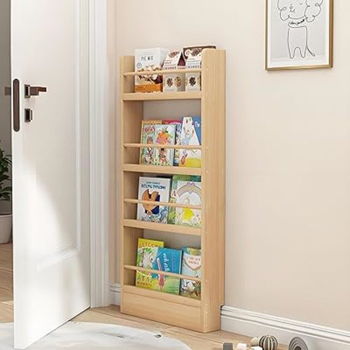 Wooden 3/4/5/6 Tier Behind The Door Bookshelf, Tall Narrow Floor Standing Bookcase, Space-Saving Storage Organizer for Books, Bedroom, Living Room, Office Wood Color 19.7x3.9x47.2