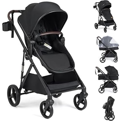 BABY JOY 2 in 1 Baby Stroller, High Landscape Convertible Bassinet Stroller with Reversible Seat, Net, Adjustable Canopy, Cup Holder, Foldable Pushchair Pram Stroller for Newborn Toddlers (Black)
