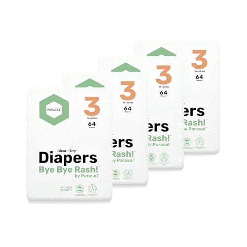 PARASOL Clear+Dry Disposable Diapers | RashShield Protection, Leakproof Design, Hypoallergenic Diaper Set | Size 3, (16-28 lbs) 256 Count
