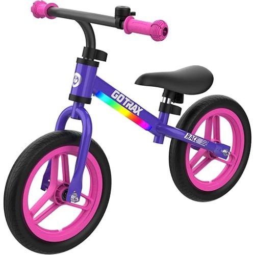 Gotrax KS12 Balance Bike for 2-5 Years Old, 12" Toddlers Bike with LED Light&Bell, Adjustable Soft Seat&Handlebar, Flat-Free Tires&Easy Assembly, Lightweight&No Pedal, Kids Toy Gift for Boys Girls