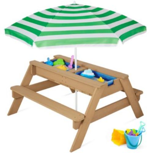 Kids 3-in-1 Outdoor Convertible Activity Sand & Water Picnic Table w/ Umbrella