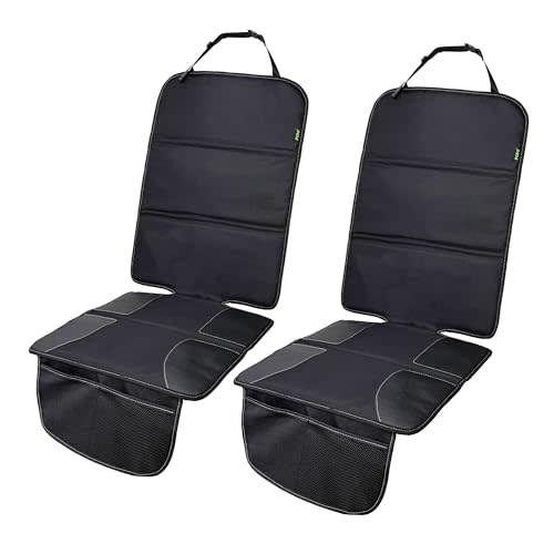 PIDO Car Seat Protector for Child Car Seat with Thick Padding and Storage Pockets, 2 Pack Seat Cover Protector Mats, Full Coverage Vehicle Seat Protection, Black with White Stitching