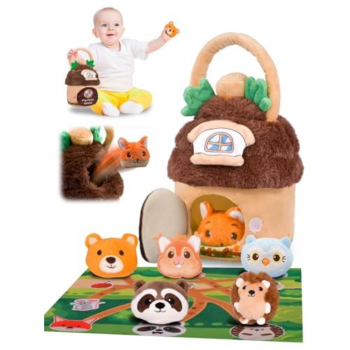 Baby Toys 6-12 Months Forest Farm Animal Stuffed House Set with Map Hazelnut Stuffed Farm Animals Rattle Squeaker Montessori Toys for Babies Sensory Infant Toy Toddler Gift 1-3 Year Old