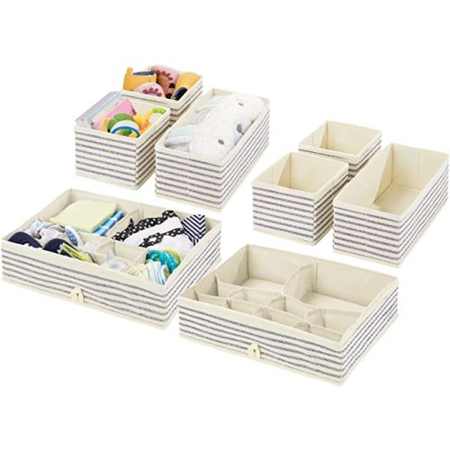 mDesign Fabric Drawer Organizer Bins, Kids/Baby Nursery Dresser, Closet, Shelf, Playroom Organization, Hold Clothes, Toys, Diapers, Blankets, Lido Collection, Set of 4, 2 Pack, Natural/Blue Stripe