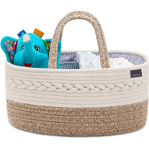 Baby Diaper Caddy Organizer, Portable Nursery Storage Basket with Changeable Compartments, 100% Cotton Woven Rope Baskets, Car & Changing Table Tote, Newborn Gift