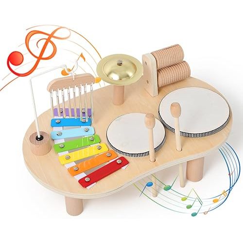 Promise Babe Wooden Drum Set for Toddlers 1-3, Musical Percussion Instruments for Kids Baby Drum Set Xylophone, Montessori Educational Musical Toys, Gifts for Girls Boys Ages 3+