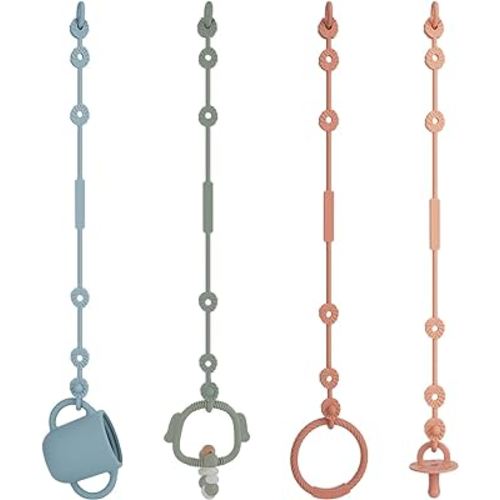 Toy Straps for Baby, Silicone Pacifier Clips Adjustable Stretchable Sippy Cup Straps for Strollers, High Chair, Cribs, Hanging Baskets, Shopping Trolley, Car Seat, Bags (Ether+Sage+Apricot+Muted)
