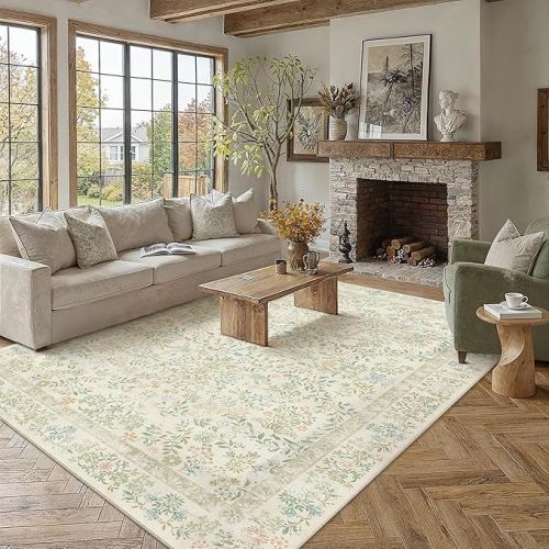 6x9 Light Green Area Rug for Living Room Bedroom Washable Vintage Floral Carpet Low Pile Non Slip Botanical Aesthetic Dining Room Soft Accent Throw Rug Nursery Office Indoor