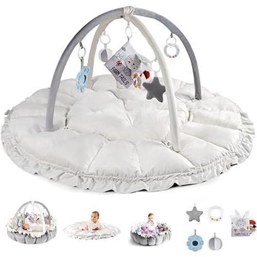Baby Play Gym Mat, 50" x 50" Large 6-in-1 Cozy Tummy-Time Playmat with 5 Toys, Sensory Motor Skill Development Gift, Machine Washable Activity Padded Floor Mat for Newborn to Toddler (Gray)