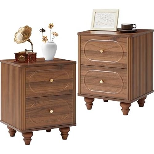 ORRD 2 Drawer Fluted Mini Small Dresser for Bedroom Set of 2, Mid Century Modern Nightstand Bedside End Table, Wood Storage Dresser Organizer for Bedroom Living Room, Walnut