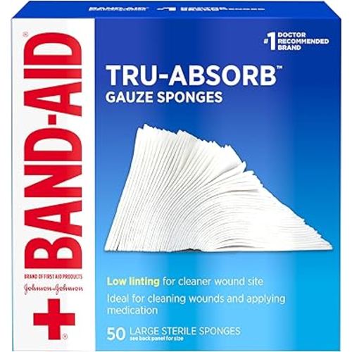 Band Aid Brand First Aid Products Tru-Absorb Sterile Gauze Sponges for Cleaning and Cushioning Minor Wounds, Cuts & Burns, Low-Lint Design, Individually Wrapped 4 in by 4 in Pads