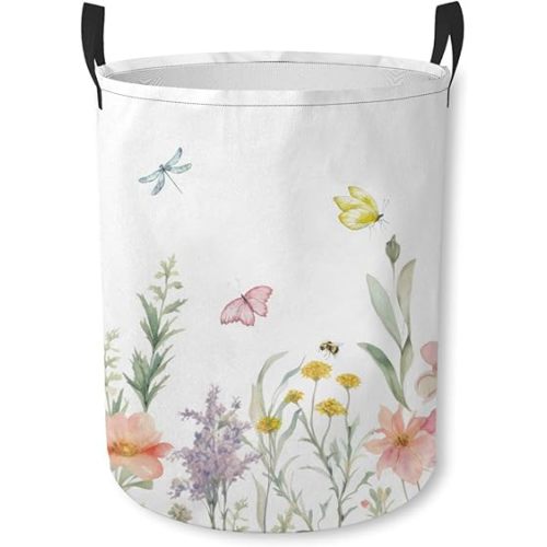 Laundry Basket Wildflower Meadow Collapsible Laundry Hamper with Handles Clothes Storage Bin for Household Bedroom Bathroom College Dorms