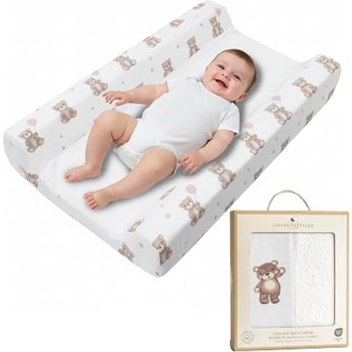 Baby Change Pad Cover 53x80x11cm - Change mat Cover 100% Cotton Jersey with Absorbent Terry Centre, Elasticated Sides Fit, Oeko-TEX Certified & Machine Washable (Cuddly Beary)