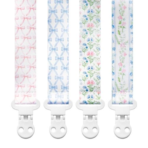 Baby Pacifier Clip Holder - Girl 4 Pack Gift Set – Vintage Floral Bows Ribbons Flowers French Blue Pink