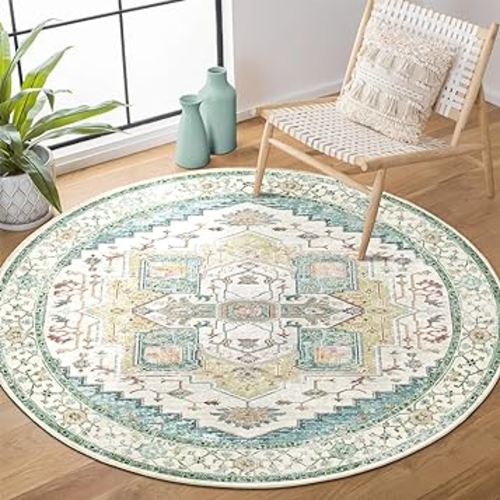 Washable Round Rugs 6ft Round Area Rug Non Slip Circle Rugs Low-Pile Floor Carpet Distressed Printed Doormat Soft Area Rug for Living Room Dinning Room Bedroom Kitchen Indoor-Grass Green