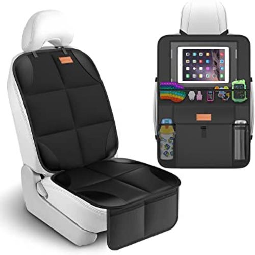 SMART ELF Car Seat Protector + Backseat Car Organizer Kick Mat, Large & Waterproof 600D Fabric Child Auto CarSeat Protectors Saver for Baby Sit with Storage Pockets for Leather and Fabric Car Seat