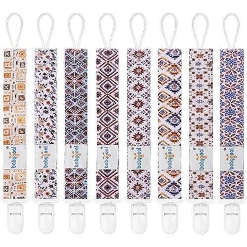 Babygoal Boho Pacifier Clips 8 Pack, Pacifier Holder Clips for Baby Boys and Girls Fits for Most Pacifier, Binkie Styles & Baby Teethers & Toys and Gift-Neutral Color 8PB29