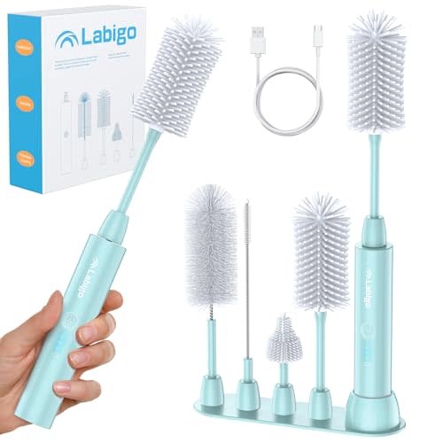 LABIGO Electric Bottle Brush Cleaner Set, Bottle Brush Cleaner with IPX7 Waterproof and 2 Adjust Speeds, 4 Replace Brush Heads for Baby Bottle, Coffee Cup, Mug, Sports Bottle, Glass Cup, Light Green
