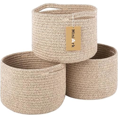 Small Basket for Organizing | Cube Shelf Closet Storage Baskets | 9.7×9.7×7.1” | Woven Rope Gift Basket | Nursery | Round 3 Packs Mixed Brown