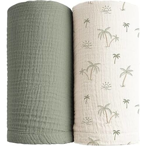 Konssy 2 Pack Muslin Swaddle Blankets, 100% Cotton Receiving Blanket Large 47 x 47 inches for Baby Boys Girls, Soft Breathable Muslin Baby Blanket for Newborn (Tree,Fog Green)