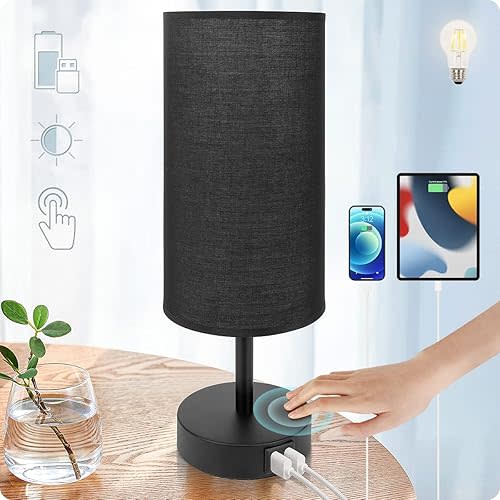 Yarra-Decor Bedside Lamp with USB Port - Touch Control Table Lamp for Bedroom 3 Way Dimmable Nightstand Lamp with Round Black Fabric Shade for Living Room, Dorm, Home Office (LED Bulb Included)