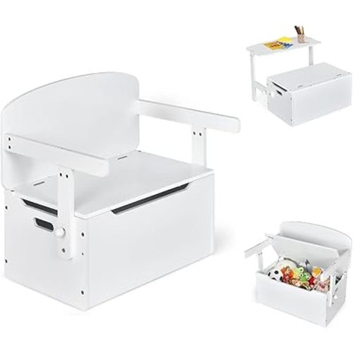 HONEY JOY Kids Table and Chair Set, 3-in-1 Convertible Wooden Toy Storage Bench with Handle, Toddler Furniture Set for Daycare Playroom, Gift for Boys Girls 3+ (Pure White)