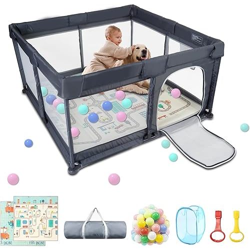 Baby Playpen 71" x 59, Baby Playpen Play Pens for Babies and Toddlers Baby Fence for Indoor & Outdoor, Sturdy Safety Play Yard with Soft Breathable Mesh, Anti-Fall - Grey