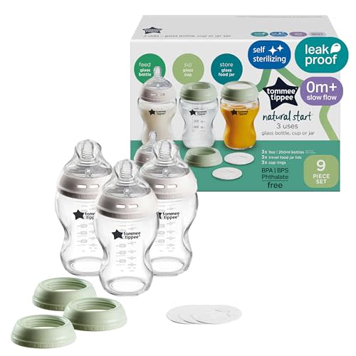 Tommee Tippee Natural Start 9 oz Glass Baby Bottles, Self Sterilizing, BPA & Phthalates Free, 0+ Months, Slow Flow Breast-Like Nipple for a Natural Latch, Travel Jar Lids, Cup Rings, Pack of 3